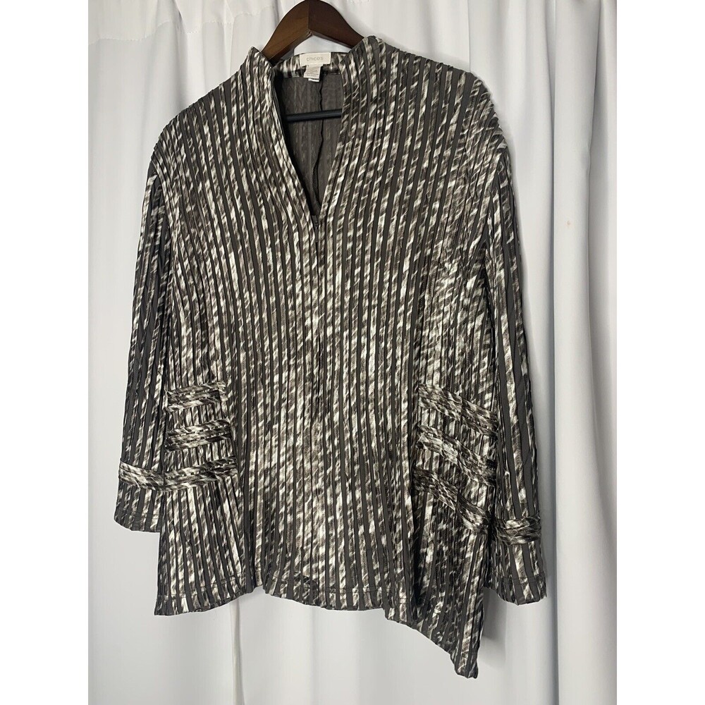 Chico's 3 Women Jacket Large Zip Up Blouse Champagne Mesh Animal Print 16 18 XL